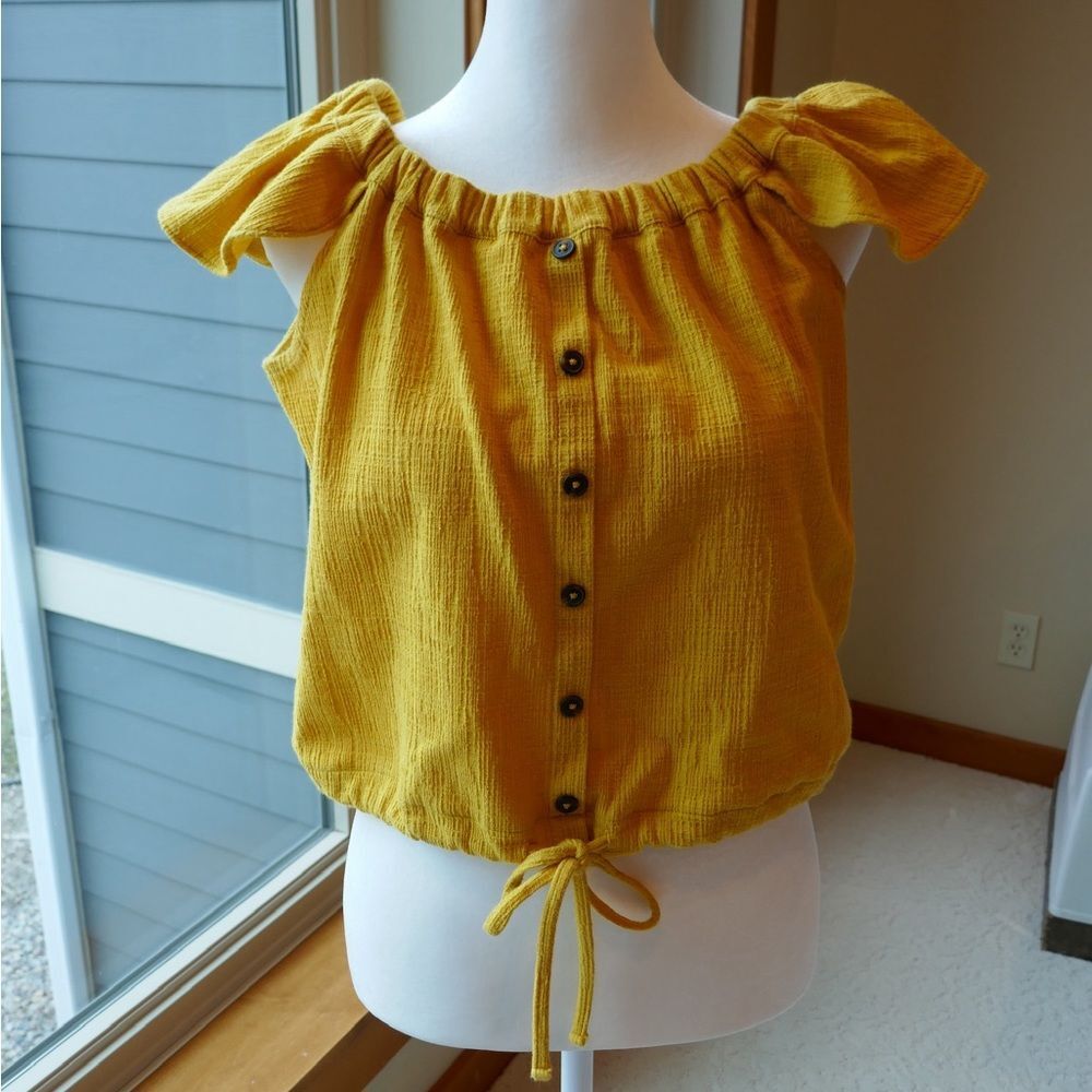 Madewell Top Womens Medium Yellow Cropped Button Up Tie Waste Flutter Sleeve.